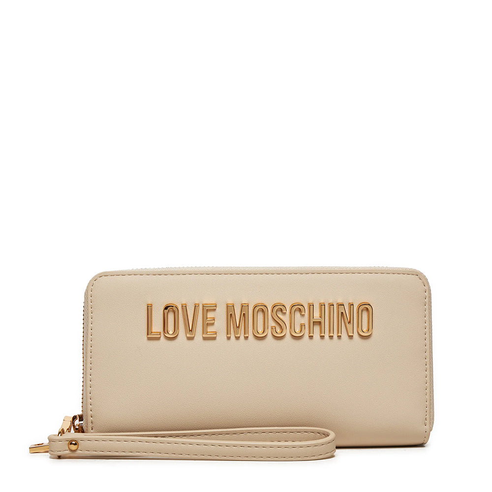 LOVE MOSCHINO Elfenbeinfarbene, große Damenbrieftasche mit umlaufendem Reißverschluss und Handschlaufe