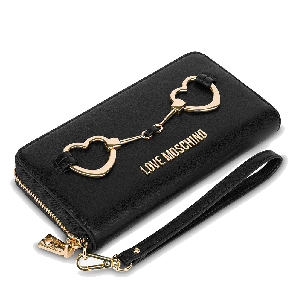 LOVE MOSCHINO Damen-Geldbörse mit Rundum-Reißverschluss und Armband, Hearts Line, Schwarz