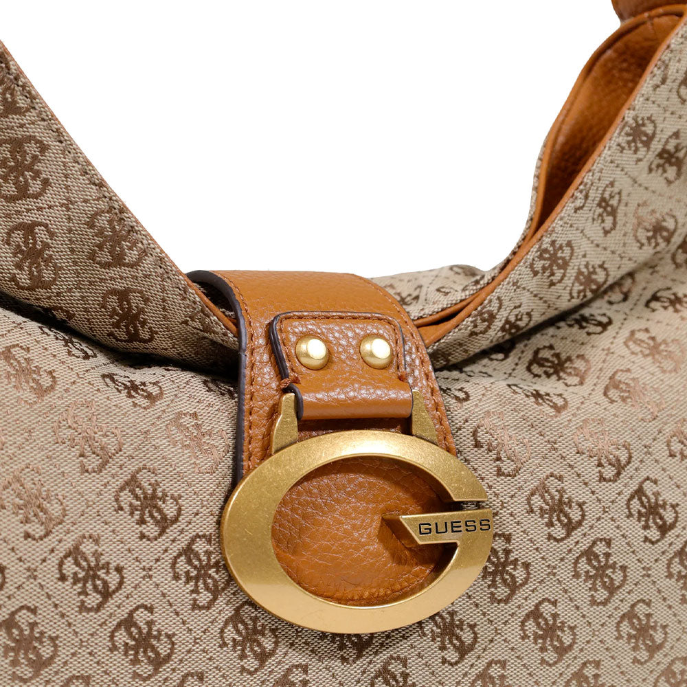 Borsa Donna Hobo a Spalla GUESS Linea Camden Colore Latte Logo - Cognac