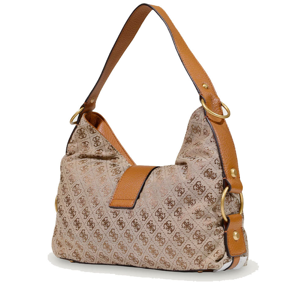 Borsa Donna Hobo a Spalla GUESS Linea Camden Colore Latte Logo - Cognac