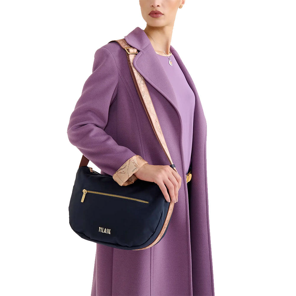 Alviero Martini 1A Classe Große Halbmond-Schultertasche, Stormy Nylon, Mitternachtsblau, LB84