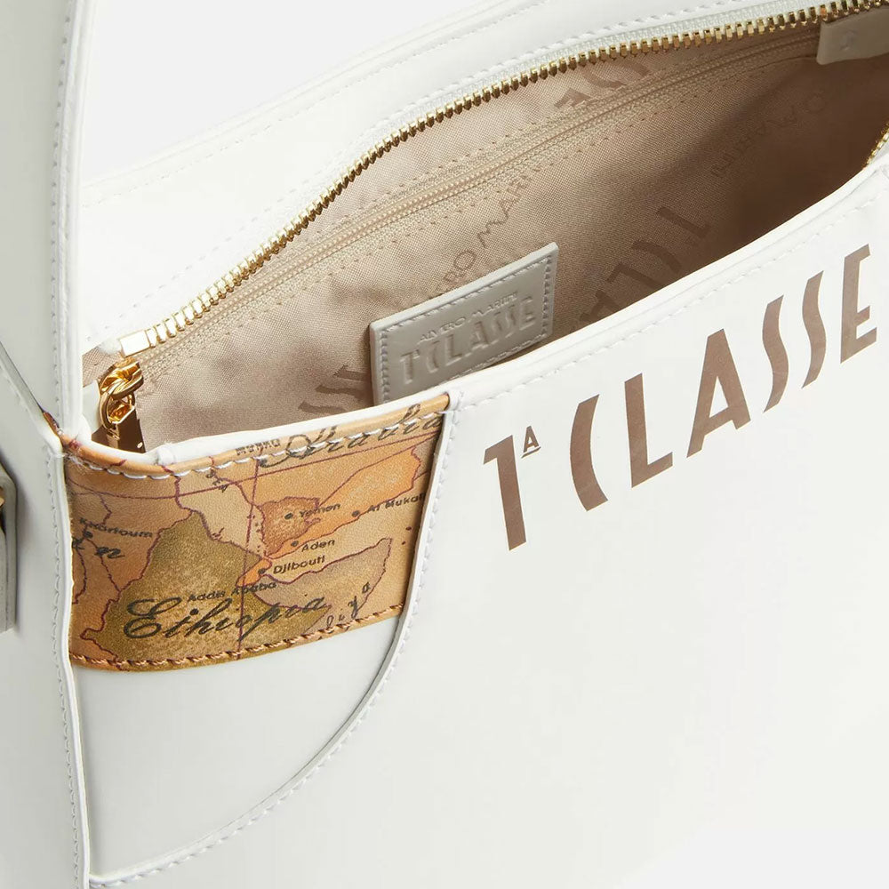 Borsa Sottospalla con Tracolla 1A Classe Alviero Martini linea Geo Mirage in Tessuto Gommato Bianco LC67