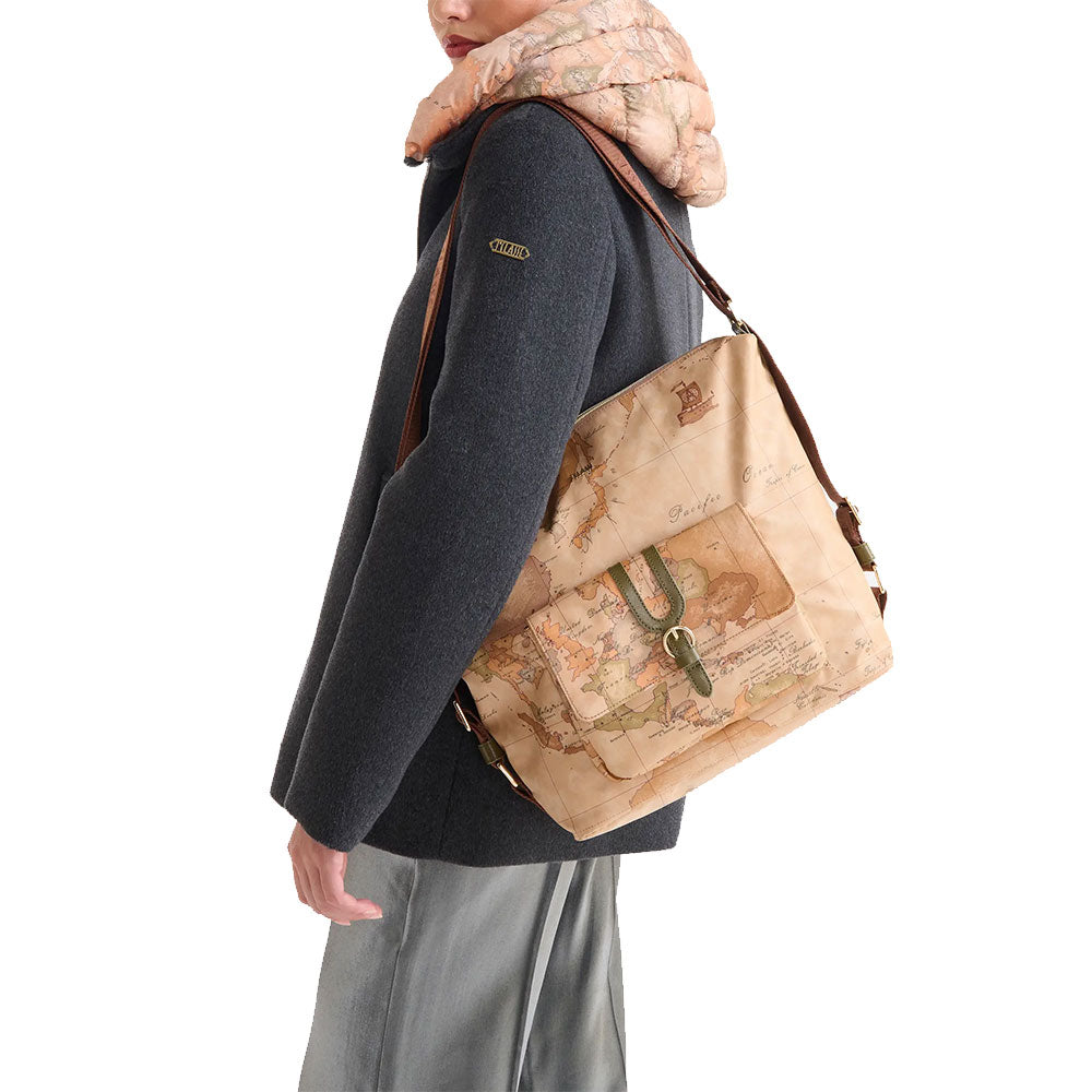 Borsa a Spalla Doppia Portabilità 1A Classe Alviero Martini linea Highland Soft Geo Classic e Verde Muschio LD35
