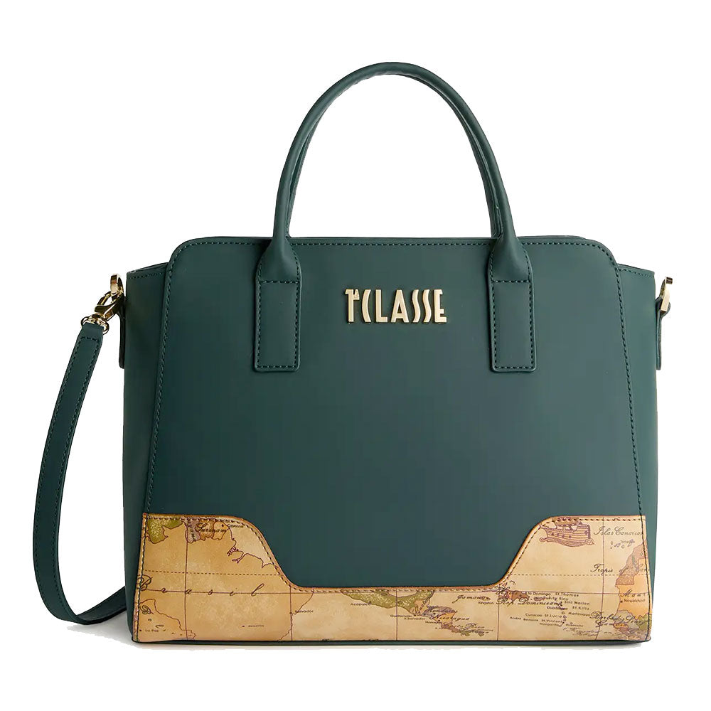 Alviero Martini 1A Classe Damenhandtasche, Frost Geo Linie, aus dunkelgrünem gummiertem Stoff LD98