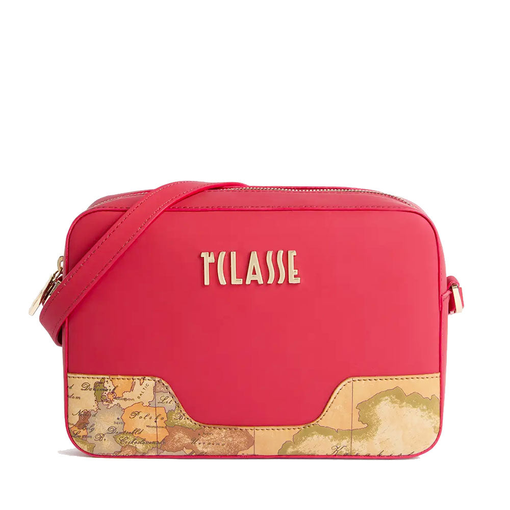 Alviero Martini 1A Classe Damen-Schultertasche, Frost Geo Line, aus dunkelrotem gummiertem Stoff LD99