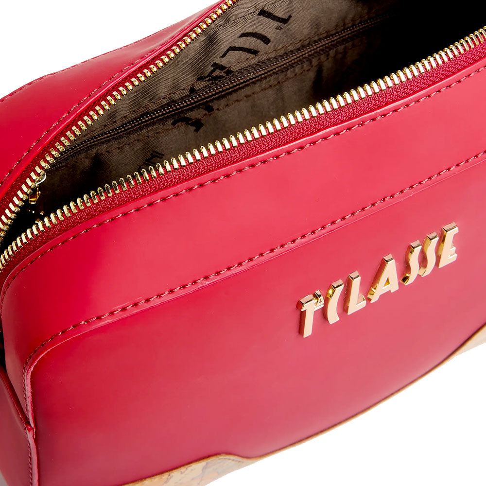 Alviero Martini 1A Classe Damen-Schultertasche, Frost Geo Line, aus dunkelrotem gummiertem Stoff LD99