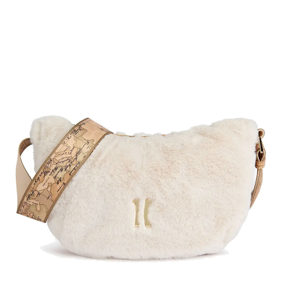 Alviero Martini 1A Classe Cozy Fur Half Moon Schultertasche aus hellbeigem Öko-Fell, LE30
