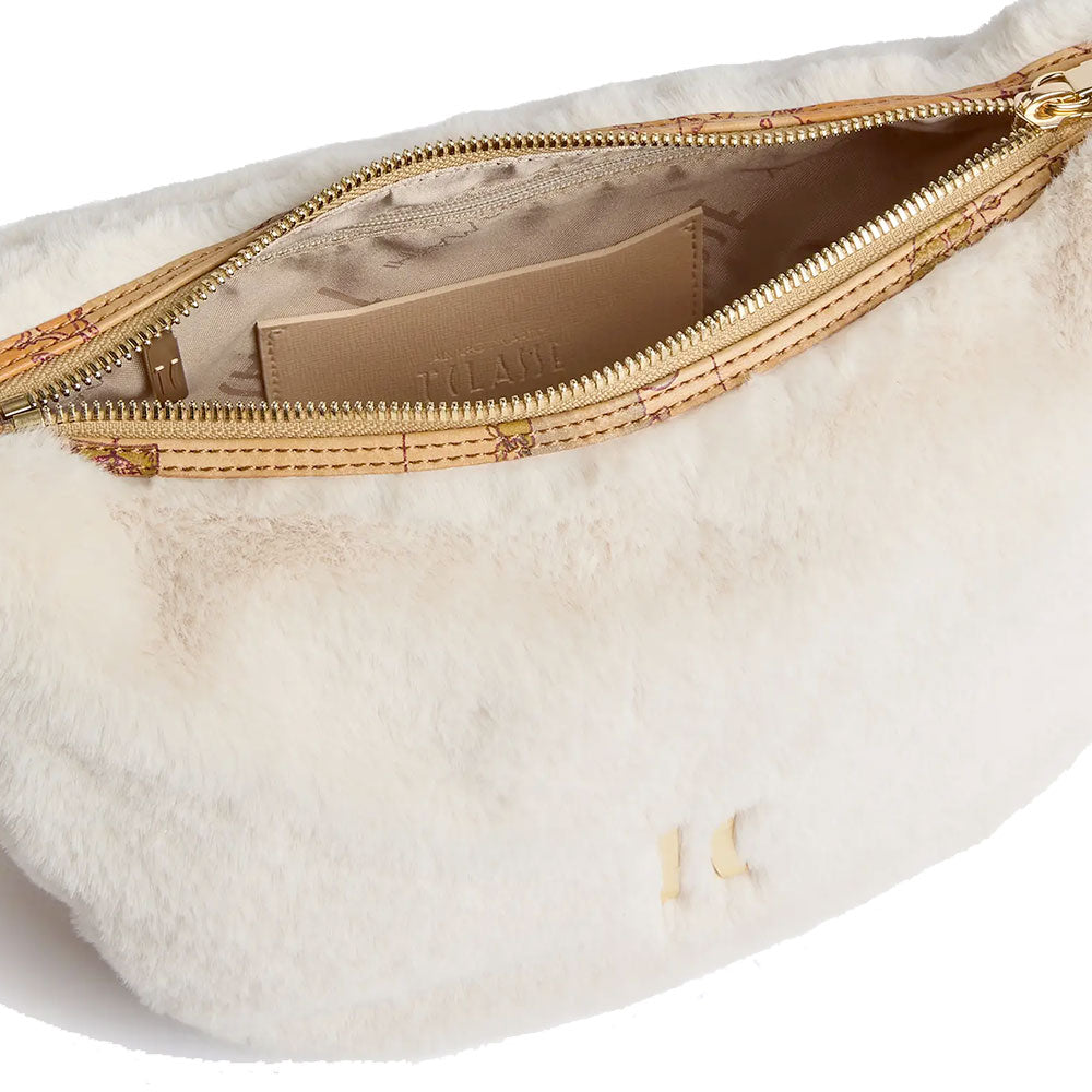 Alviero Martini 1A Classe Cozy Fur Half Moon Schultertasche aus hellbeigem Öko-Fell, LE30
