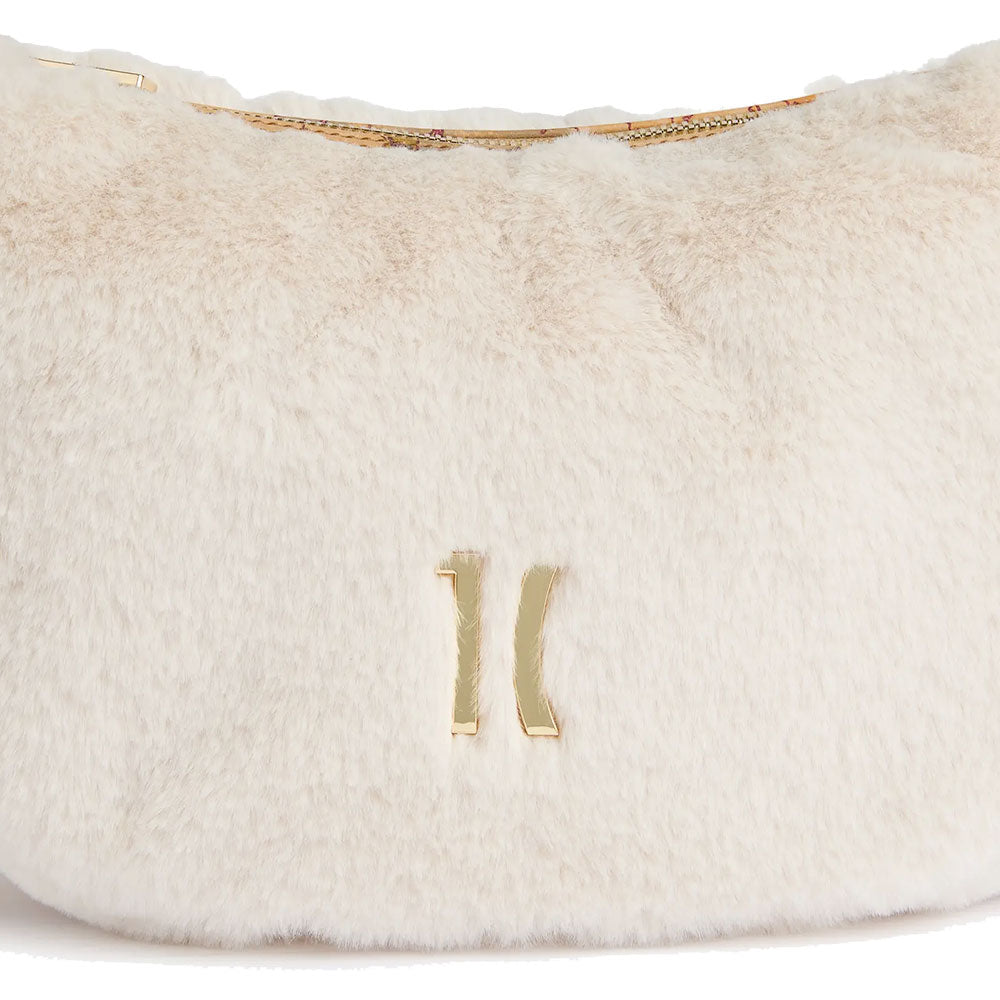Alviero Martini 1A Classe Cozy Fur Half Moon Schultertasche aus hellbeigem Öko-Fell, LE30