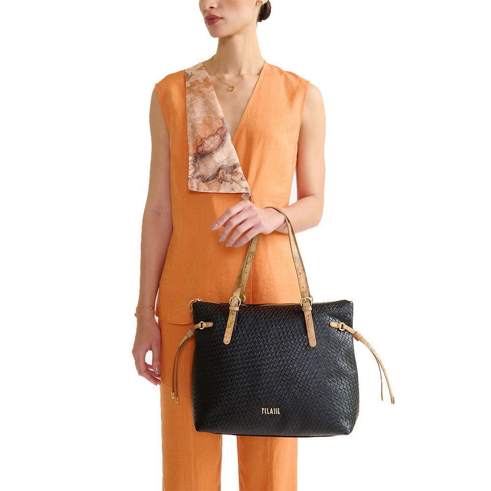 Shopping Bag Donna 1A Classe Alviero Martini linea Golden Dune effetto Intrecciato Nera LE42