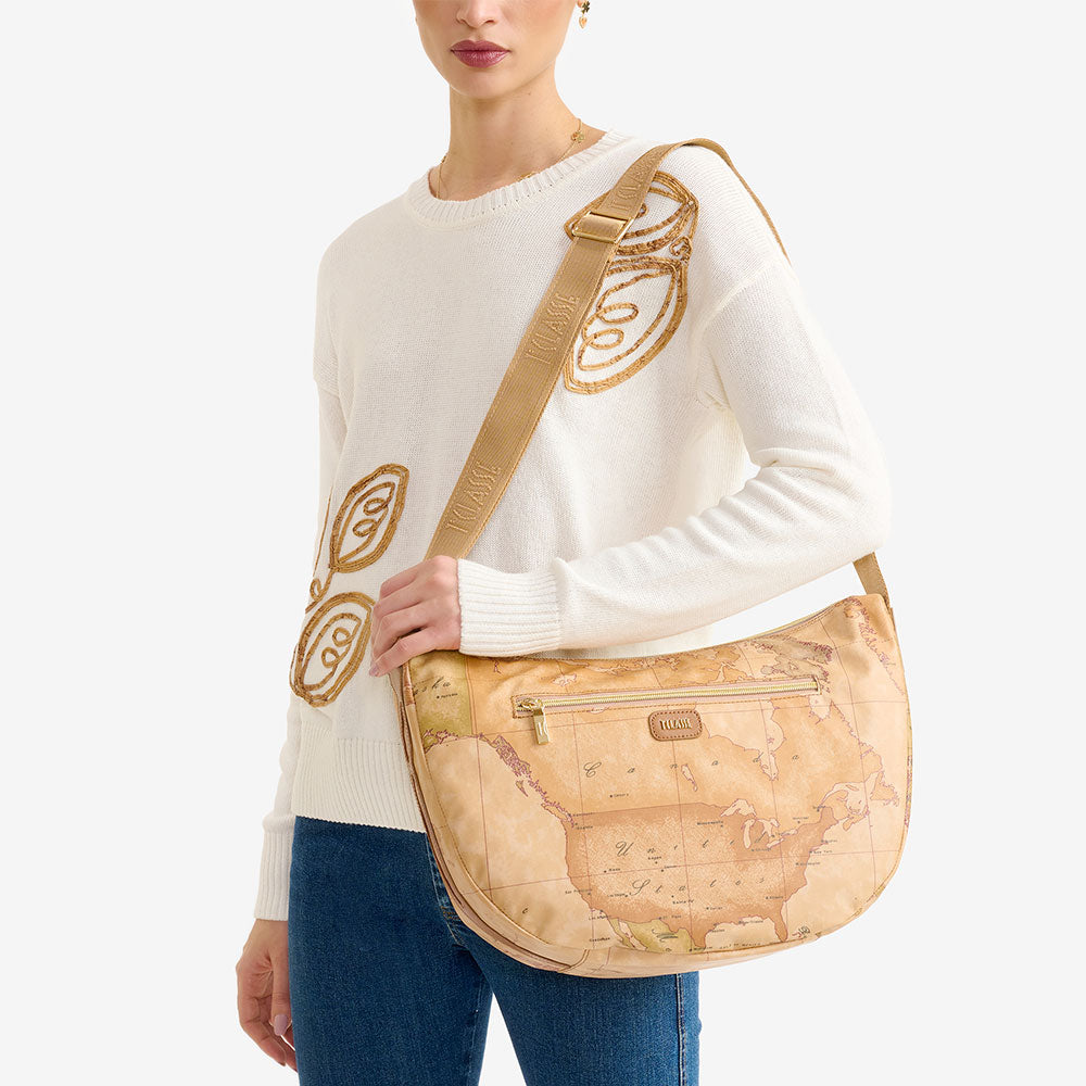 Borsa Donna Mezzaluna Grande 1A Classe Alviero Martini linea Soft Petals in Tessuto Soft Geo Classic e Cuoio LE54