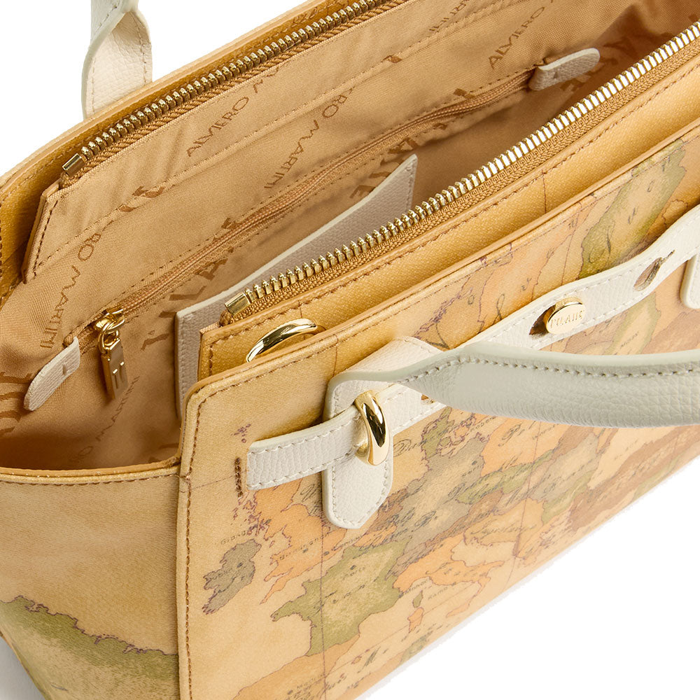 Damen-Henkeltasche 1A Classe ALVIERO MARTINI Modell Escape mit Geo Classic Print und Elfenbein LE61