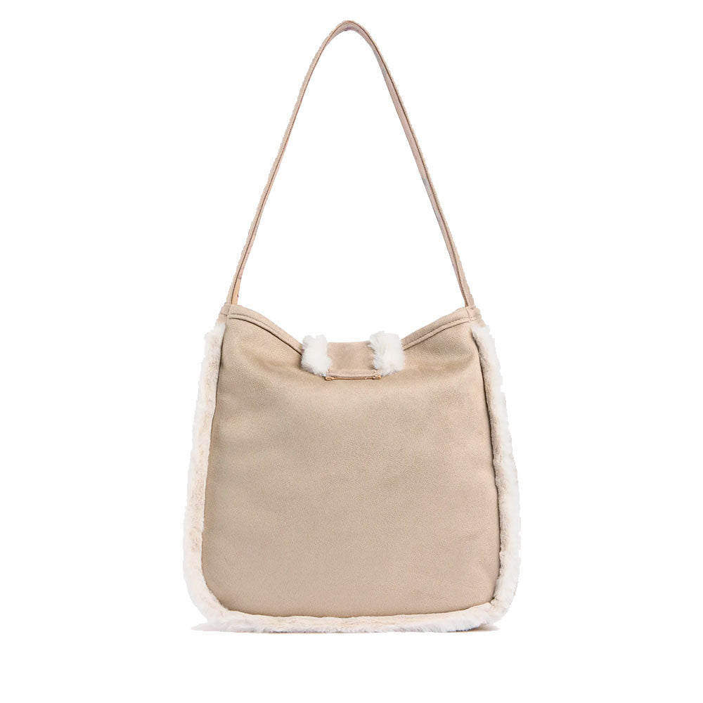 Borsa Donna a Spalla 1A Classe Alviero Martini linea Chalet Chic in Tessuto Scamosciato e Eco Pelliccia Beige LG89