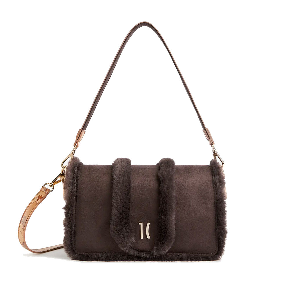 Borsa Donna Sottospalla 1A Classe Alviero Martini linea Chalet Chic in Tessuto Scamosciato e Eco Pelliccia Testa di Moro LG91