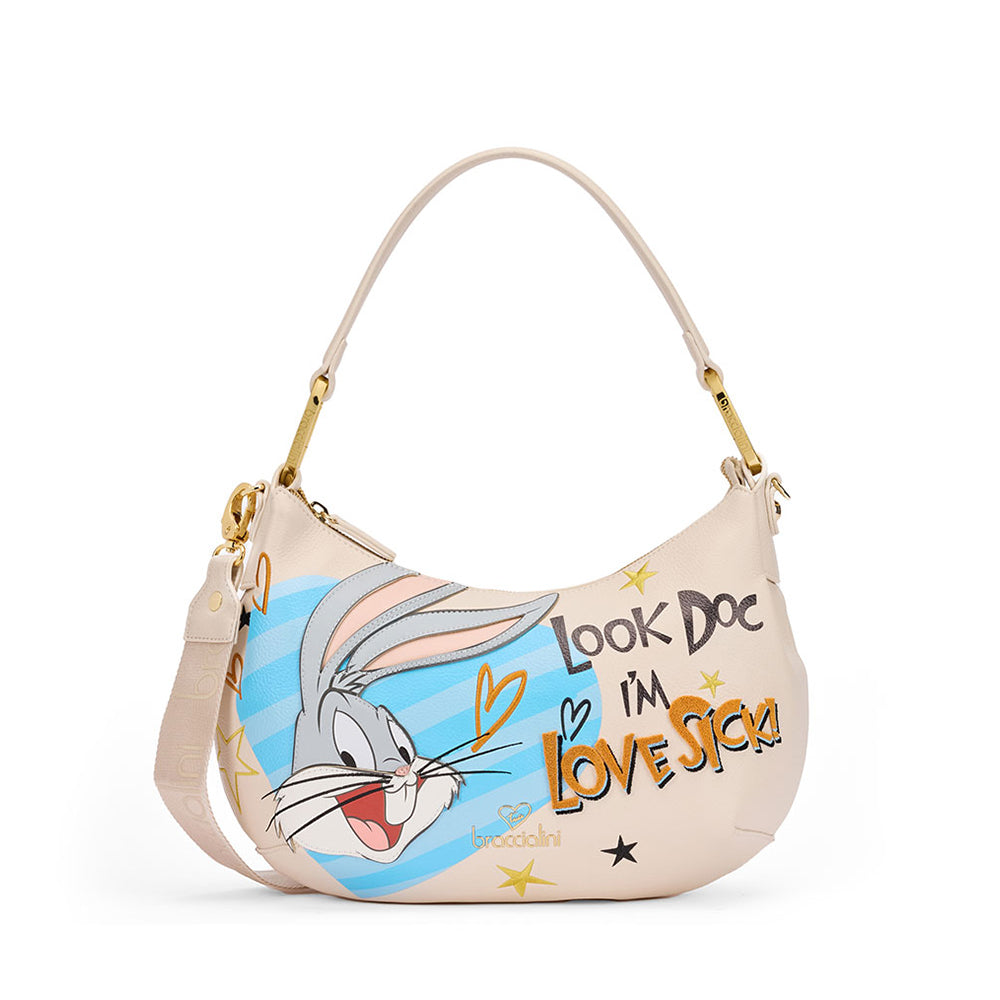 Borsa Donna a Spalla BRACCIALINI linea Amy Looney Tunes Beige stampa Bugs Bunny