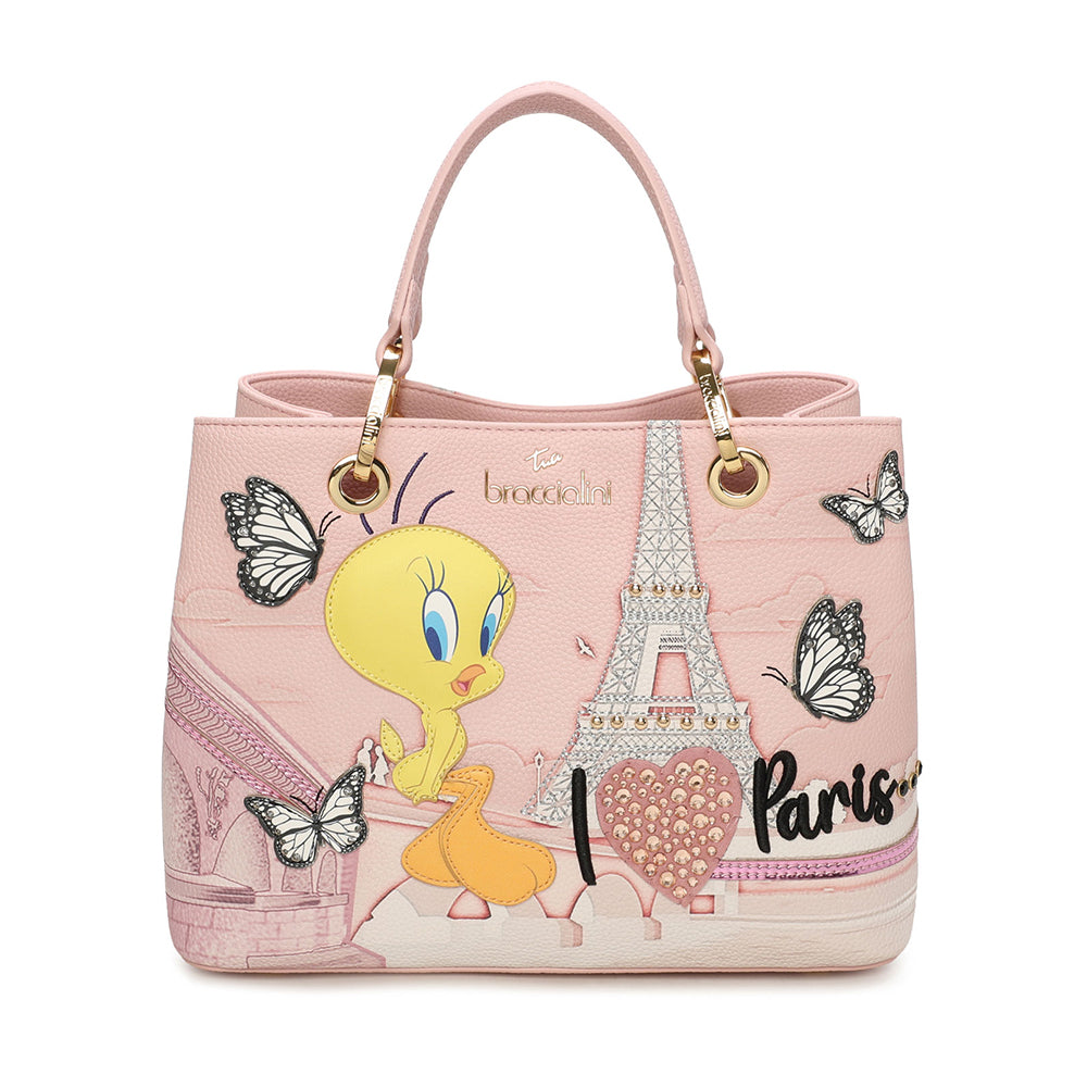 Borsa Donna a Mano BRACCIALINI linea Cartoline LT Rosa stampa Tweety