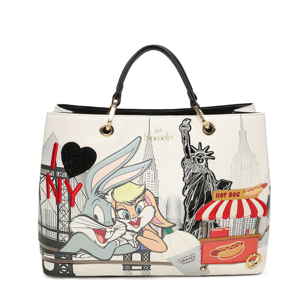 Borsa Donna a Mano Large BRACCIALINI linea Cartoline LT Bianca stampa Bugs e Lola Bunny