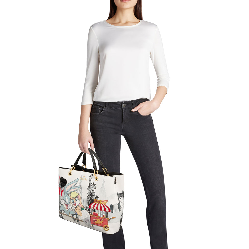 Borsa Donna a Mano Large BRACCIALINI linea Cartoline LT Bianca stampa Bugs e Lola Bunny