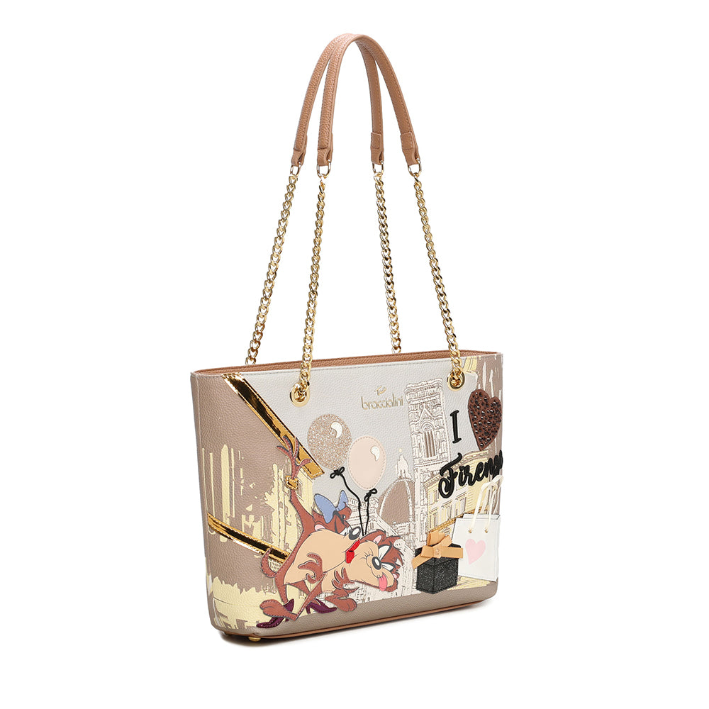 BRACCIALINI Damen-Einkaufstasche Cartoline LT Brown Line mit Taz-Aufdruck