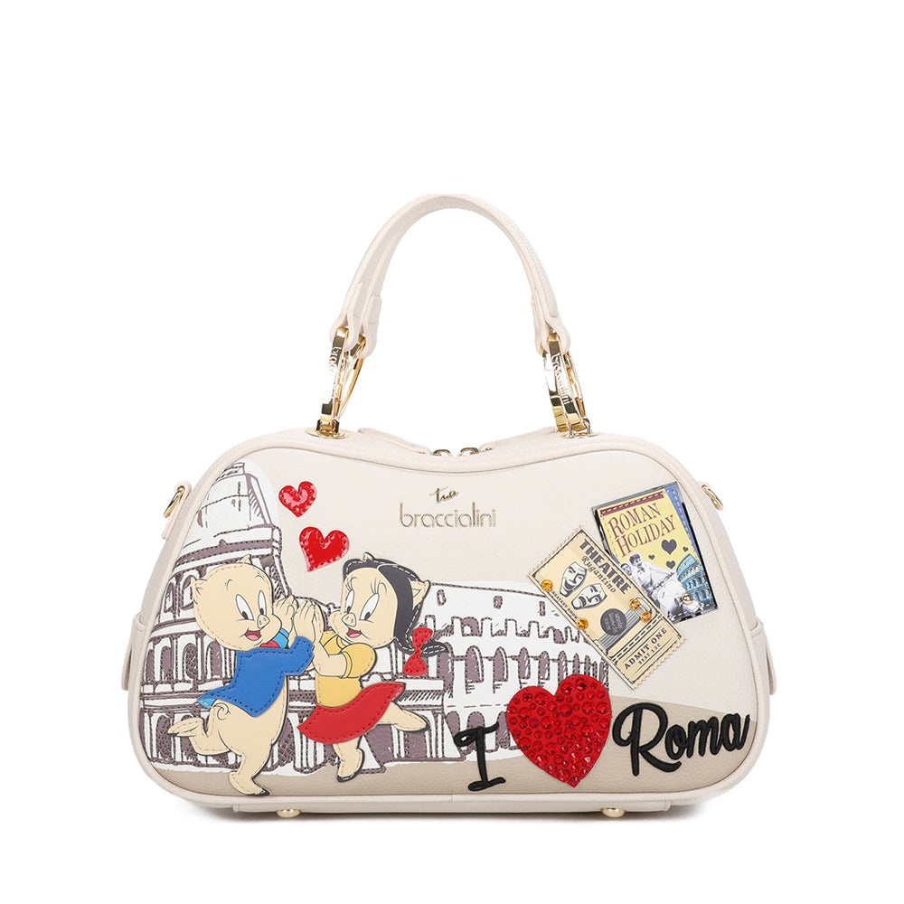 Borsa a Mano Donna BRACCIALINI linea Cartoline LT Avorio stampa Porky e Petunia