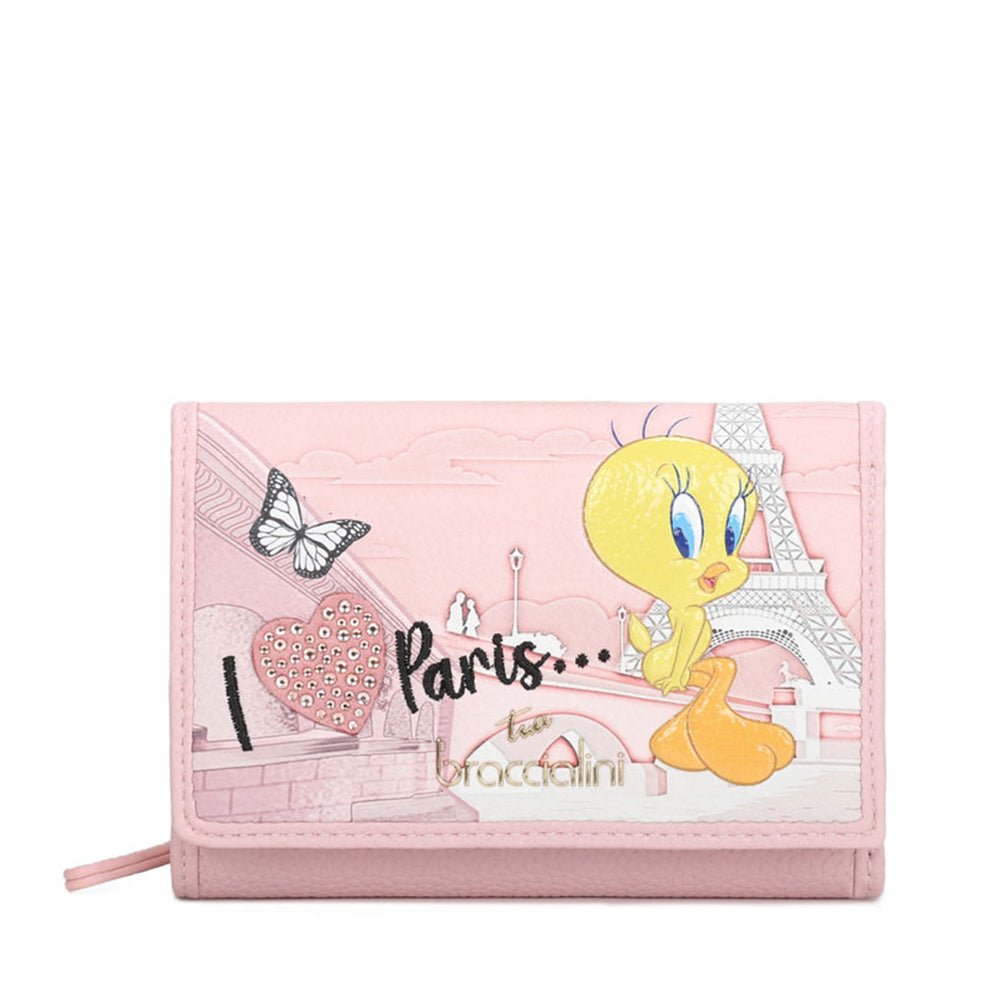 Portafoglio Donna Medio con Bottone BRACCIALINI linea Cartoline LT Rosa stampa Tweety