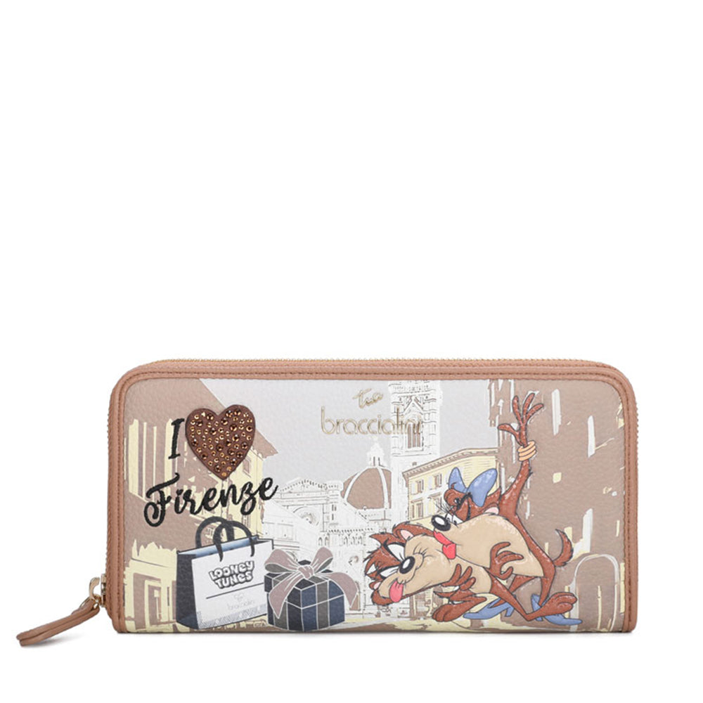 Portafoglio Donna Zip Around BRACCIALINI linea Cartoline LT Marrone stampa Taz