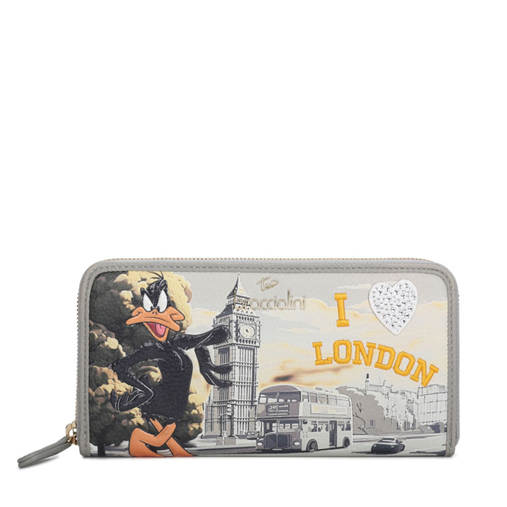 Portafoglio Donna Zip Around BRACCIALINI linea Cartoline LT Grigio stampa Daffy Duck