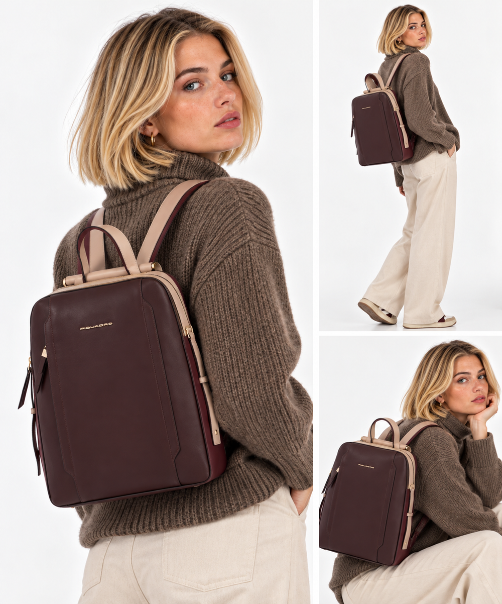 PIQUADRO Damenrucksack, Laptoprucksack aus bordeauxrotem Leder – Rosa Circle-Linie – CA4576W92