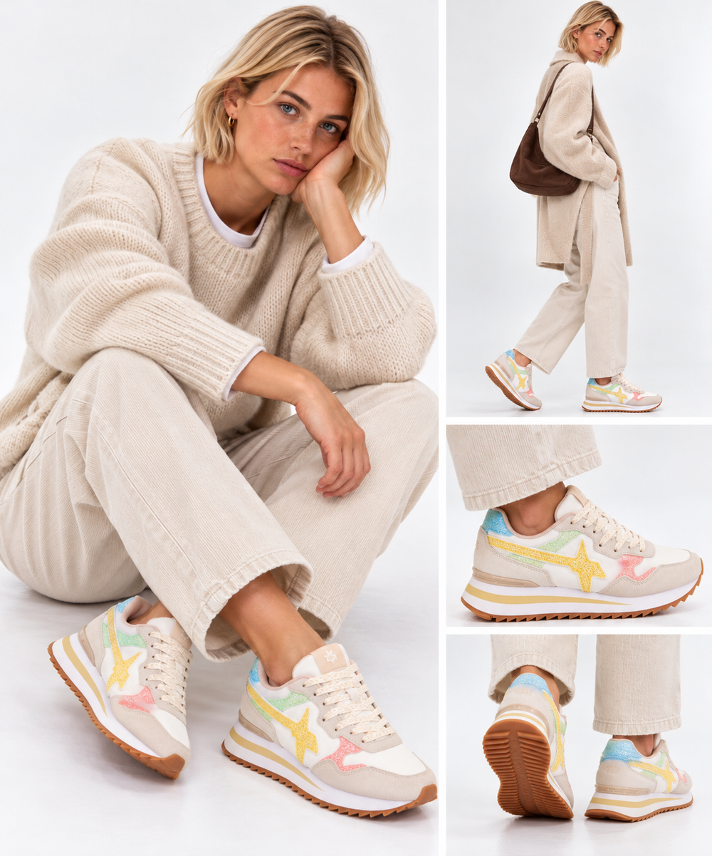 Damen-Sneaker W6YZ Yak-W. aus Glitzer-Wildleder und Nylon in White Pink und Yellow