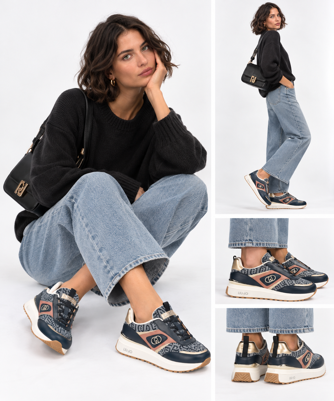 Women's Blue Monogram Print Leather and Fabric Slip-On Sneakers LIU JO Maxi Wonder 99