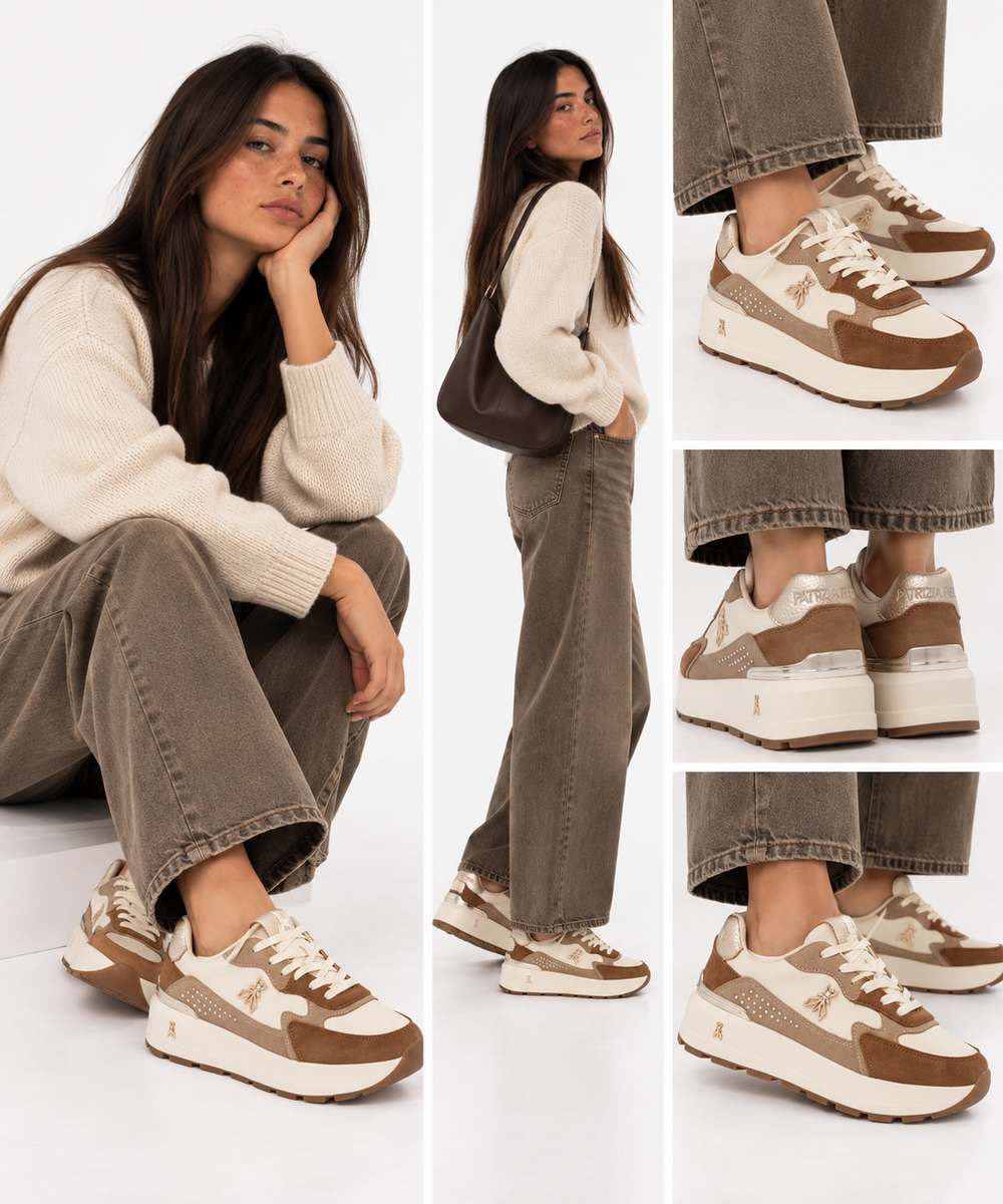Sneakers Running PATRIZIA PEPE Girl linea Fly Run in Pelle e Suede Taupe Off White