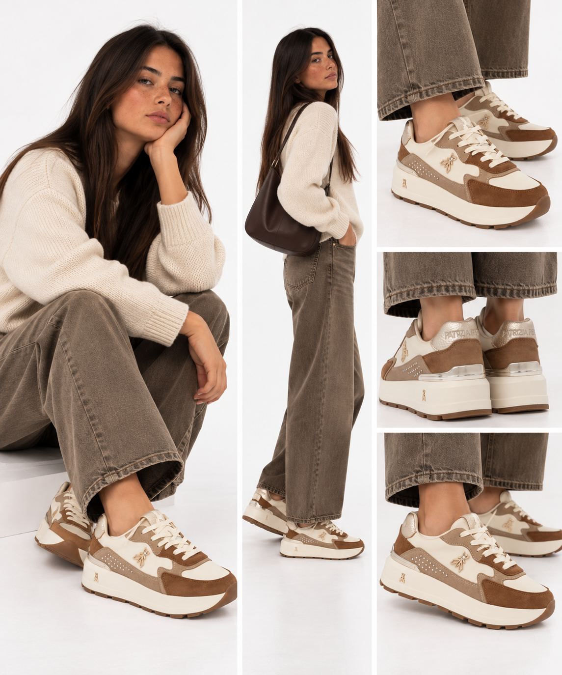 Leather and Suede Running Sneakers PATRIZIA PEPE Girl Fly Run in Taupe and Off-White
