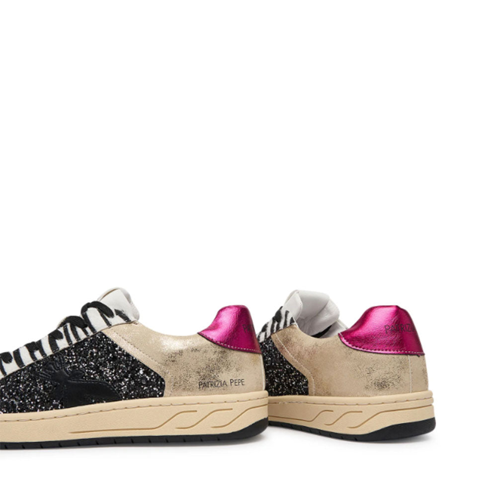 Sneakers PATRIZIA PEPE Girl linea Fly Crazy Kids in Ecopelle Laminata Platino e Glitter Neri