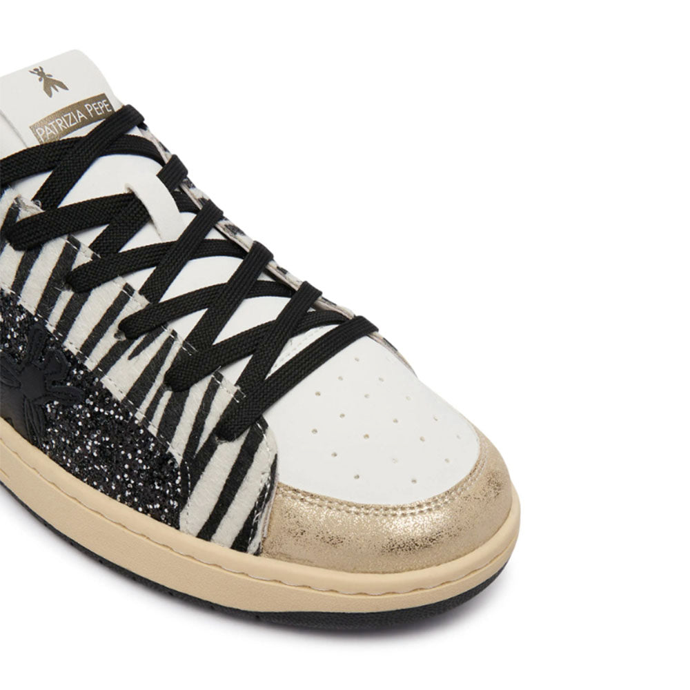 Sneakers PATRIZIA PEPE Girl linea Fly Crazy Kids in Ecopelle Laminata Platino e Glitter Neri