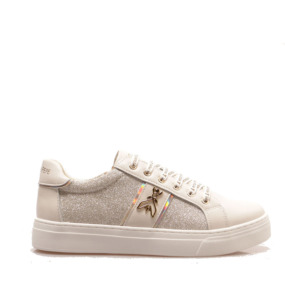 Sneakers Platform PATRIZIA PEPE Girl linea Flyglitter in Pelle e Glitter Off White e Platino