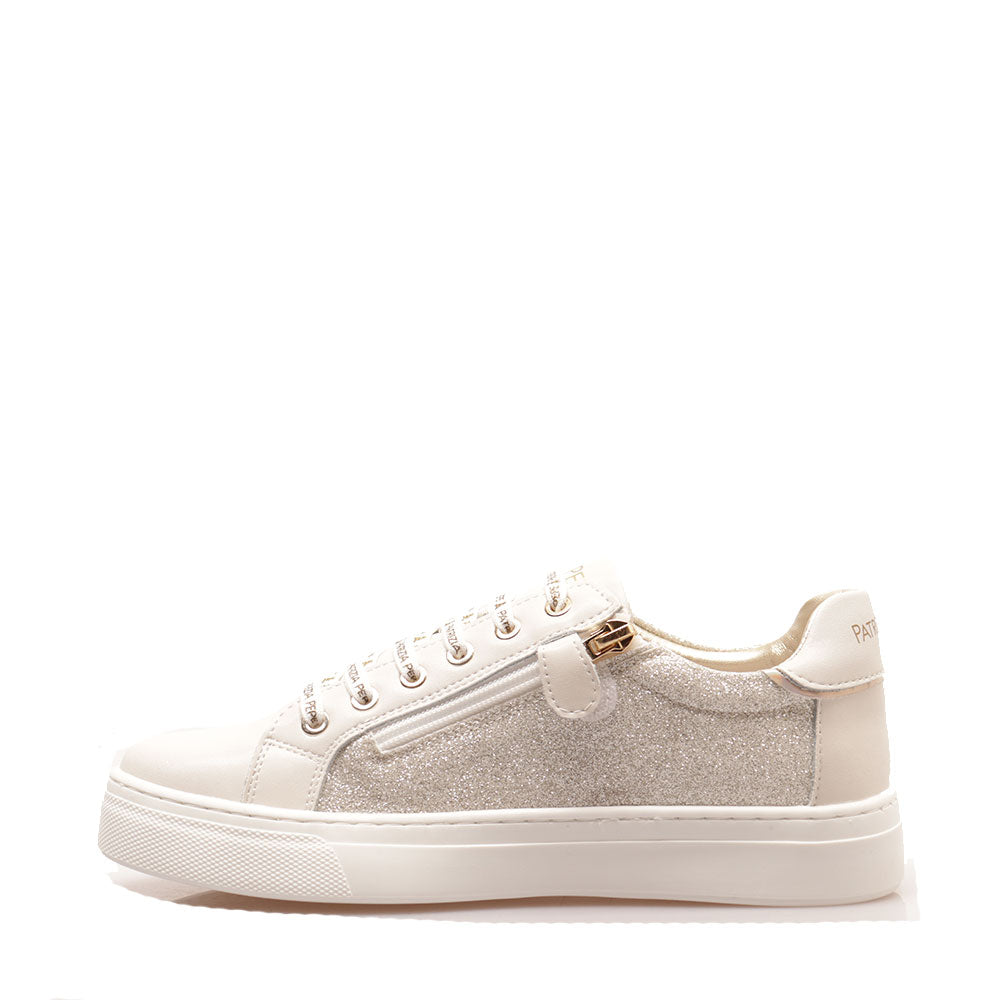 Sneakers Platform PATRIZIA PEPE Girl linea Flyglitter in Pelle e Glitter Off White e Platino