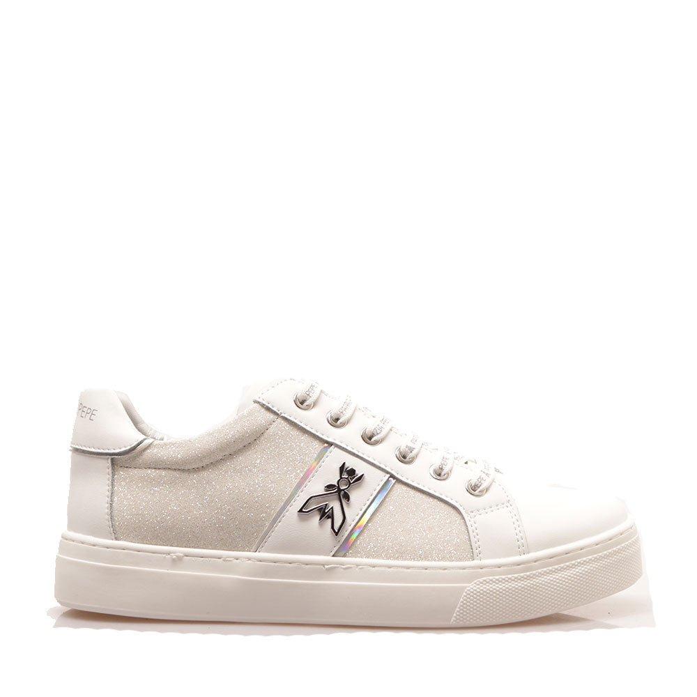 Sneakers Platform PATRIZIA PEPE Girl linea Flyglitter in Pelle e Glitter Bianco Argento