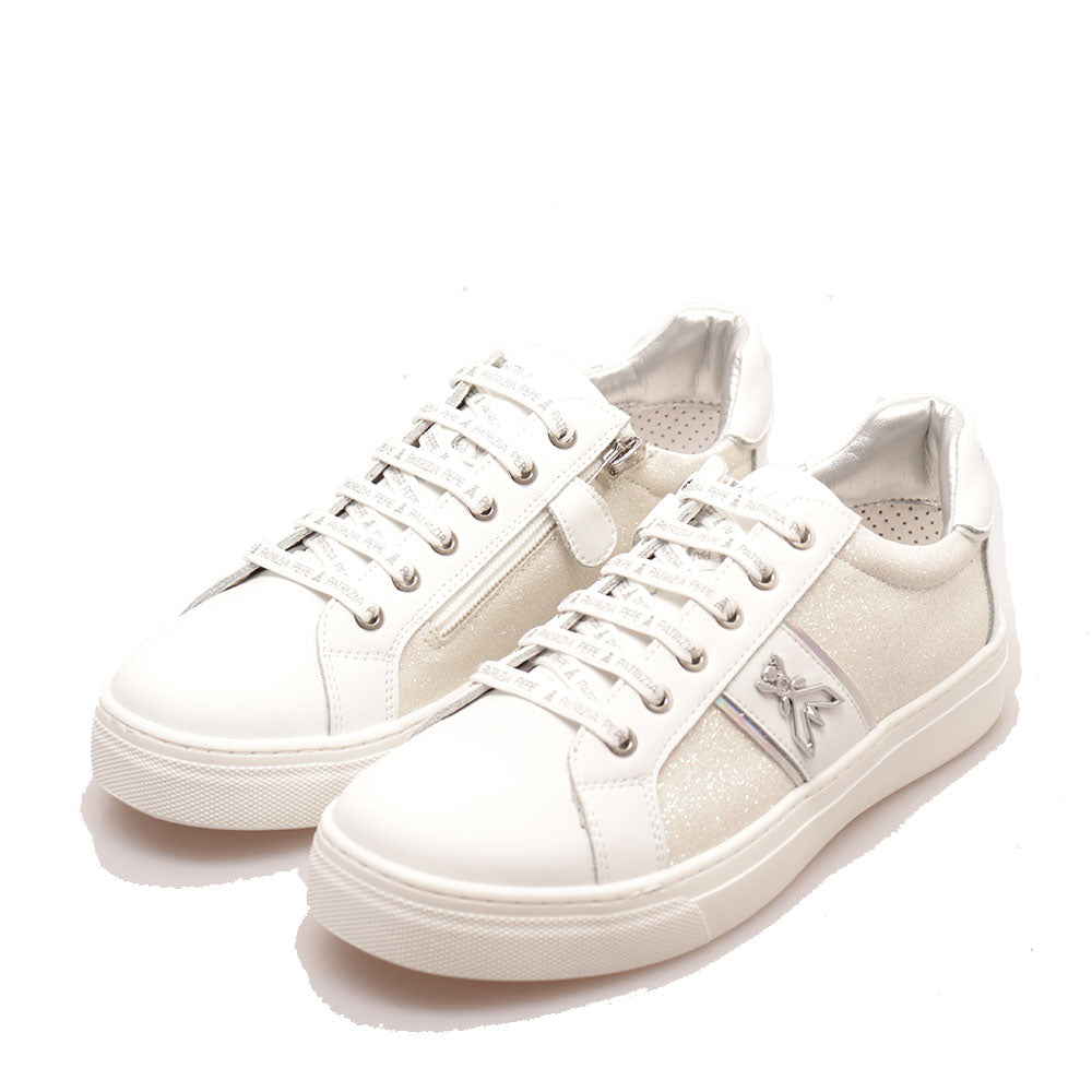Sneakers Platform PATRIZIA PEPE Girl linea Flyglitter in Pelle e Glitter Bianco Argento