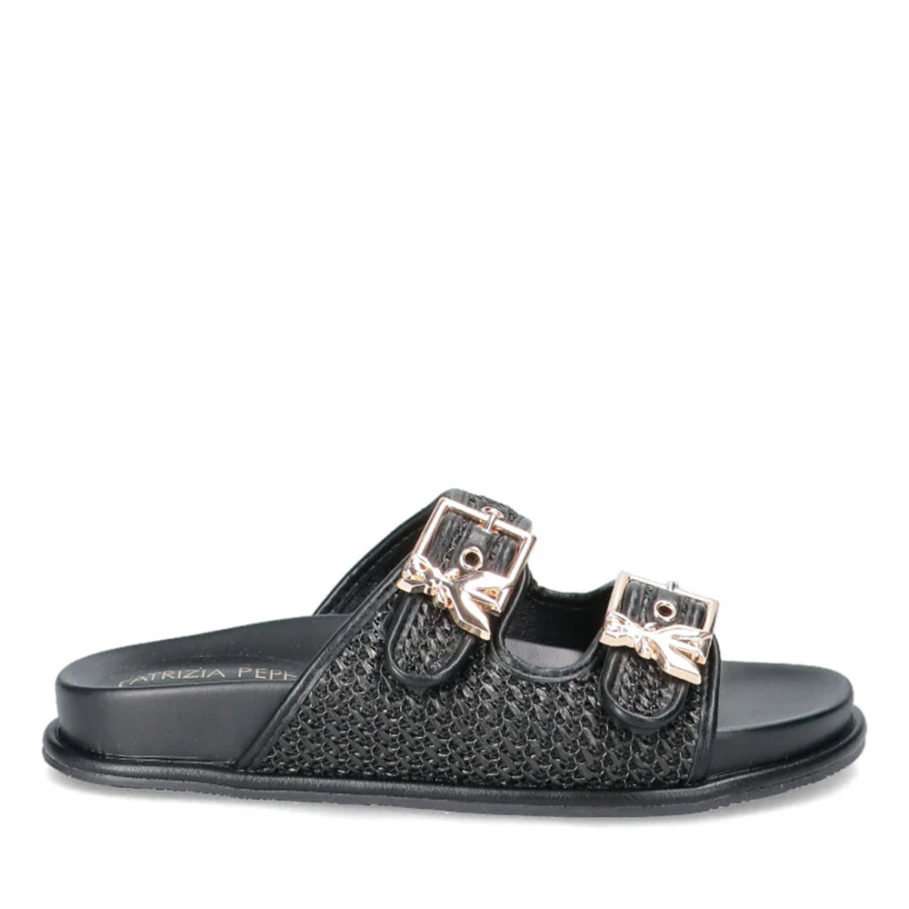 Ciabatte Doppia Fascia PATRIZIA PEPE Girl linea Flyrafia Sandal in Rafia Intrecciata Nera