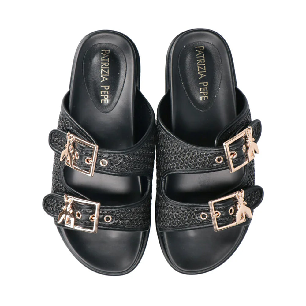 Ciabatte Doppia Fascia PATRIZIA PEPE Girl linea Flyrafia Sandal in Rafia Intrecciata Nera
