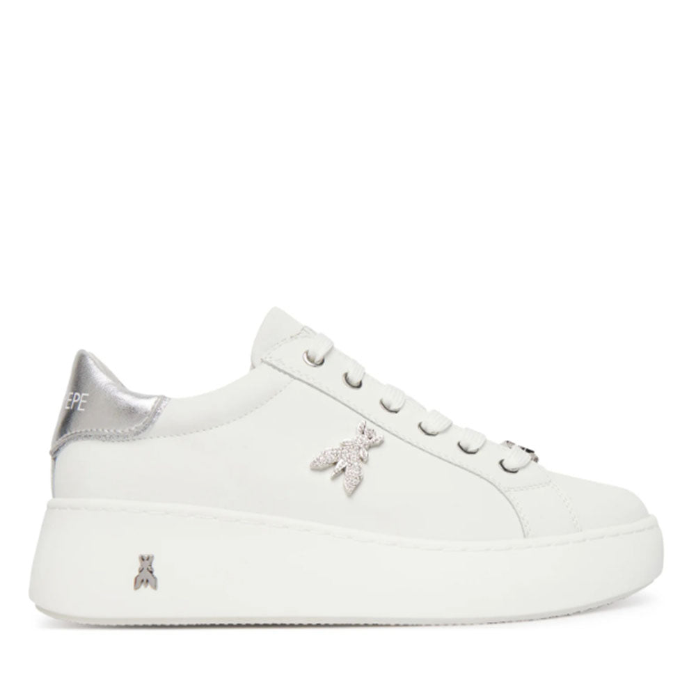 Sneakers Platform PATRIZIA PEPE Girl in Pelle Bianca con Logo Gioiello Silver