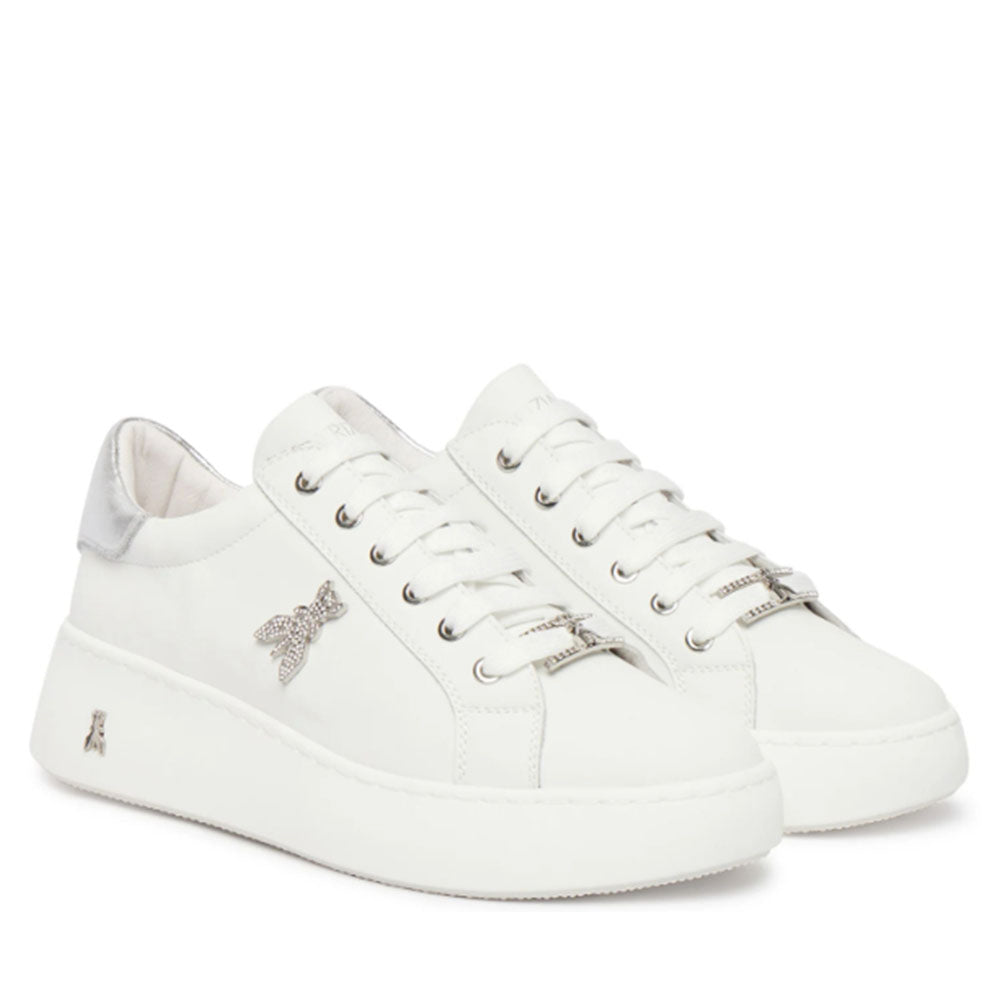 Sneakers Platform PATRIZIA PEPE Girl in Pelle Bianca con Logo Gioiello Silver
