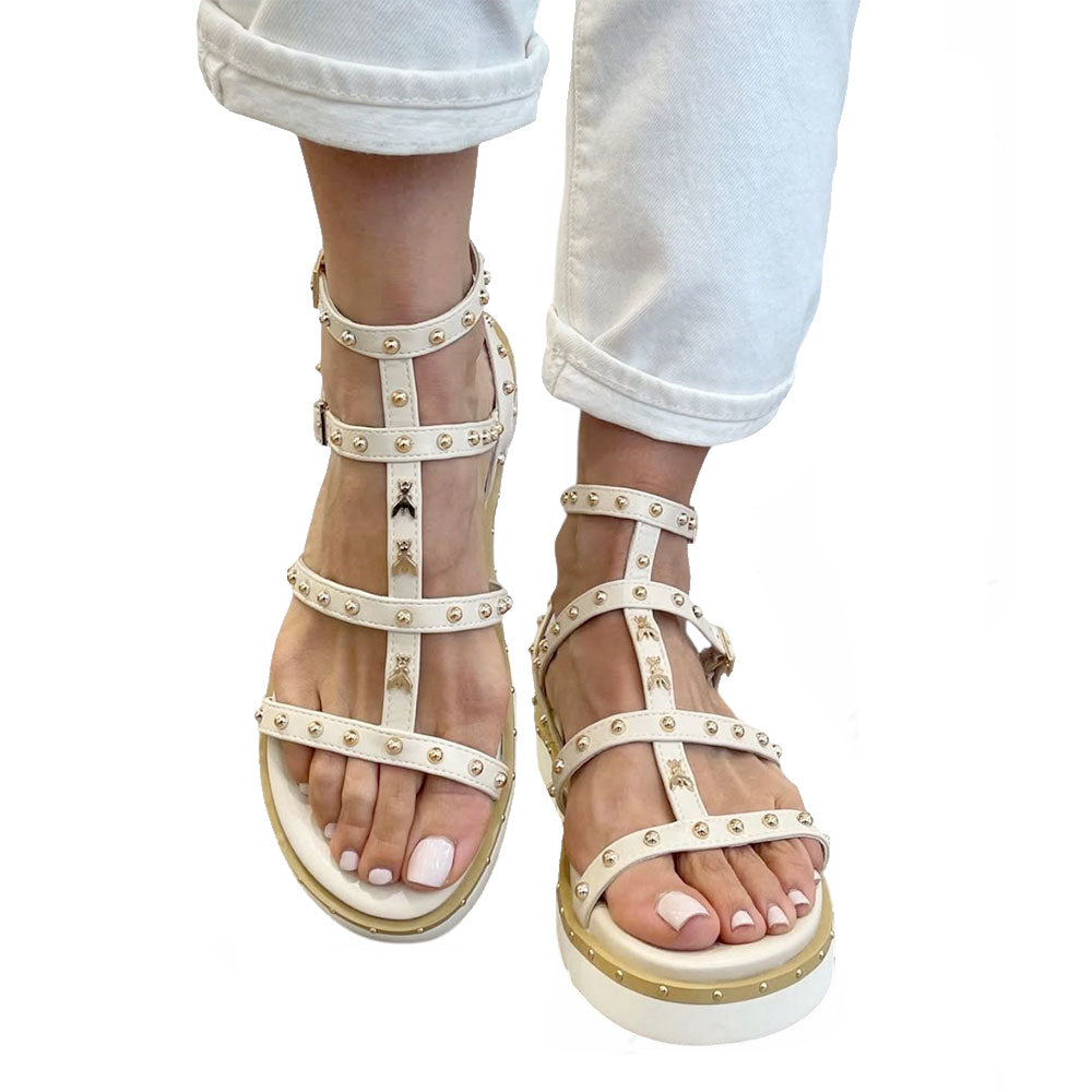 Sandali Donna PATRIZIA PEPE Girl linea Fly Micro Alto in Eco Nappa color Crema con Borchie