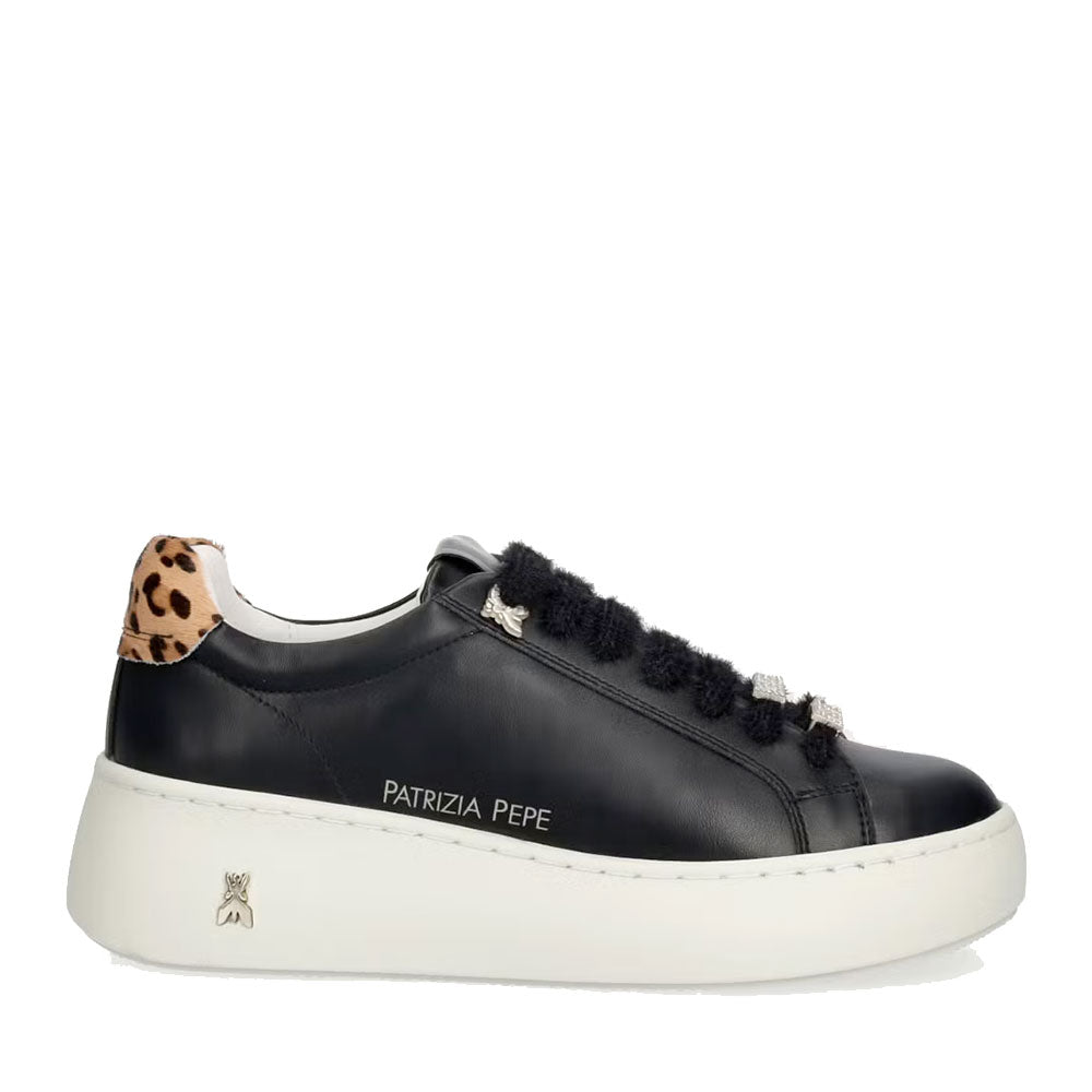 Sneakers Platform PATRIZIA PEPE Girl linea Fly New Water in Pelle Nera e Inserto in Cavallino Leopardato