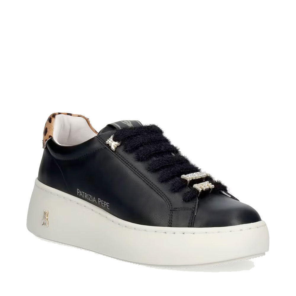 Sneakers Platform PATRIZIA PEPE Girl linea Fly New Water in Pelle Nera e Inserto in Cavallino Leopardato