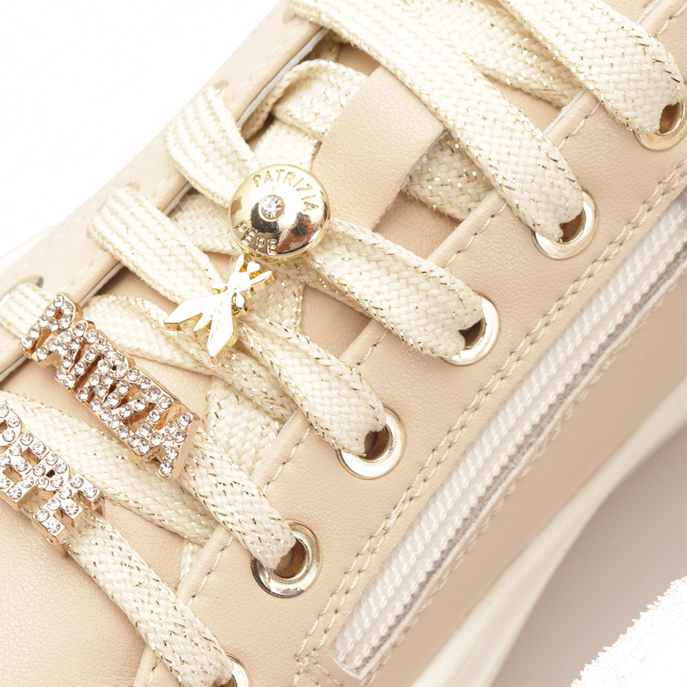 PATRIZIA PEPE Damen Sneakers Fly Line Beige Ledersneaker mit Schmuckapplikationen