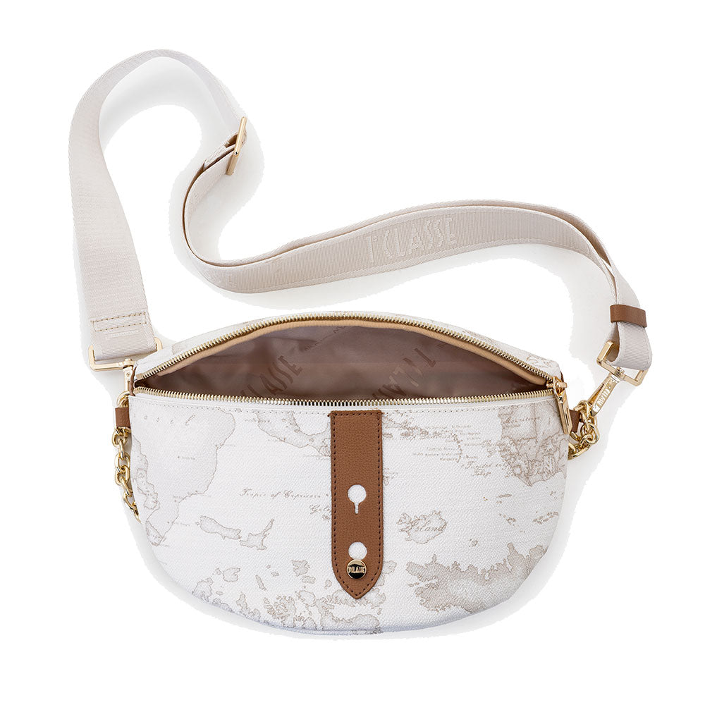 Marsupio Donna 1A Classe Alviero Martini linea Escape Geo stampa Geo White e Cuoio PQ09