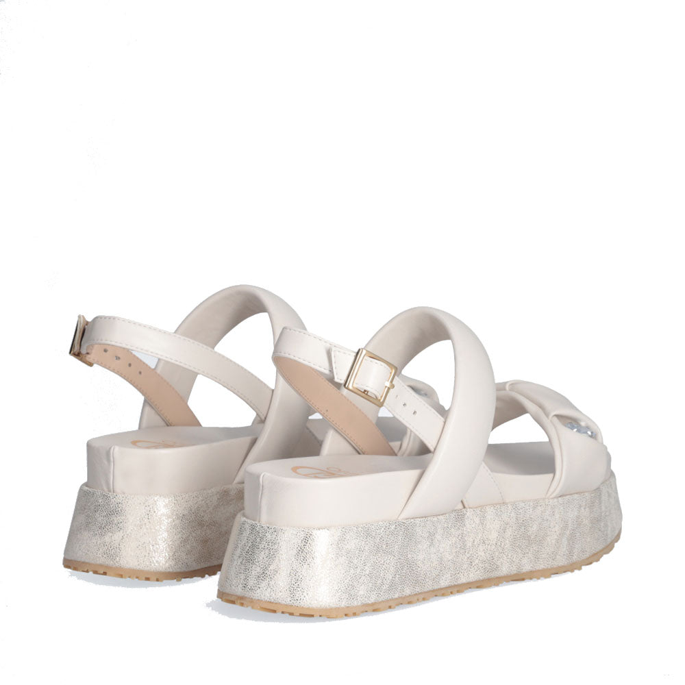 LIU JO Frida 34 
Plateau Sandalen mit auffälligen Bändern und cremefarbenen Schmucksteinen