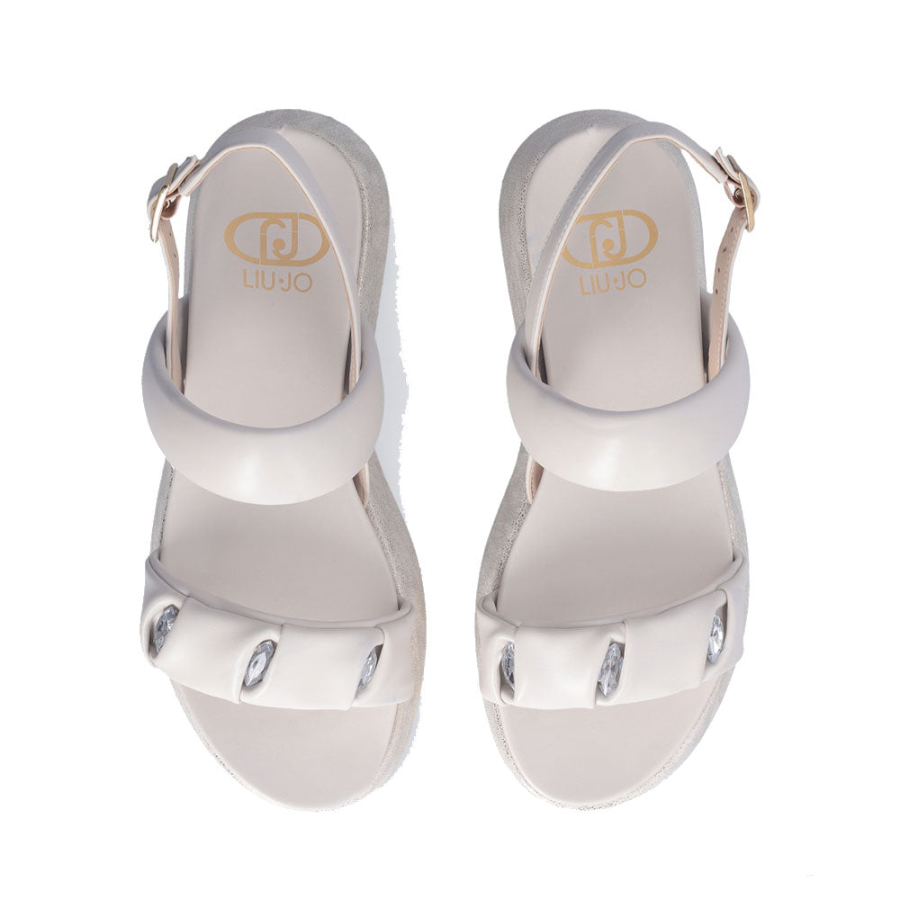 LIU JO Frida 34 
Plateau Sandalen mit auffälligen Bändern und cremefarbenen Schmucksteinen