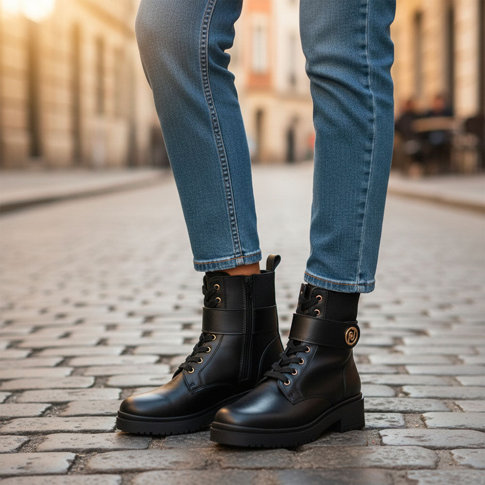 LIU JO New Nancy Eco 2-1 Damen Stiefeletten aus schwarzem Leder mit elastischem Einsatz